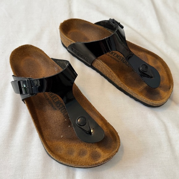 Birkenstock 5 Gizeh Birko Flor Black Patent Leather Thong Sandals Slides - Picture 1 of 9